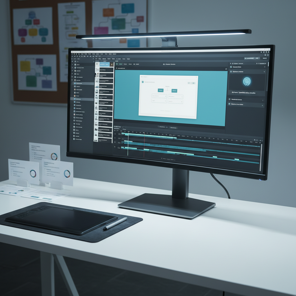 A large, ultra-wide computer monitor on a minimalist white desk, displaying a detailed e-learning authoring tool interface with slide thumbnails, timelines, and interactive elements in development. Beside the monitor, a graphic tablet and stylus rest on a dark mousepad, and neatly arranged reference cards show learning objectives and assessment plans. The background reveals a softly out-of-focus wall with pinned flowcharts and user journey diagrams. Cool, diffused studio lighting from above and slightly behind the camera keeps reflections minimal while adding gentle highlights to the monitor frame. Photographic realism, captured from a slightly elevated angle with balanced composition, creating a highly professional, analytical mood that emphasizes AI-assisted content authoring and meticulous design work.