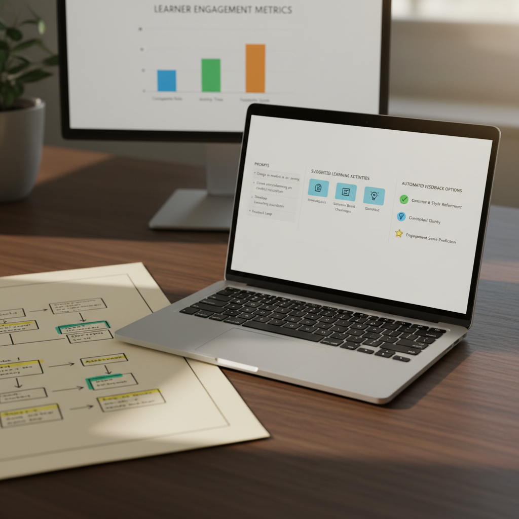 A close-up of a polished silver laptop on a dark walnut desk, its screen showing a clean interface of AI-assisted content generation: structured prompts, suggested learning activities, and automatically generated feedback options. Next to the laptop lies a neatly annotated instructional design blueprint with arrows, icons, and color-coded sections. In the background, slightly blurred, a second monitor shows a simple data visualization of learner engagement metrics. Warm afternoon light spills across the desk from the right, producing soft shadows and a calm, productive ambience. Photographic realism, shot at a three-quarter angle with shallow depth of field, highlighting the harmony between human strategy documents and AI-generated content for a modern learning and development specialist.