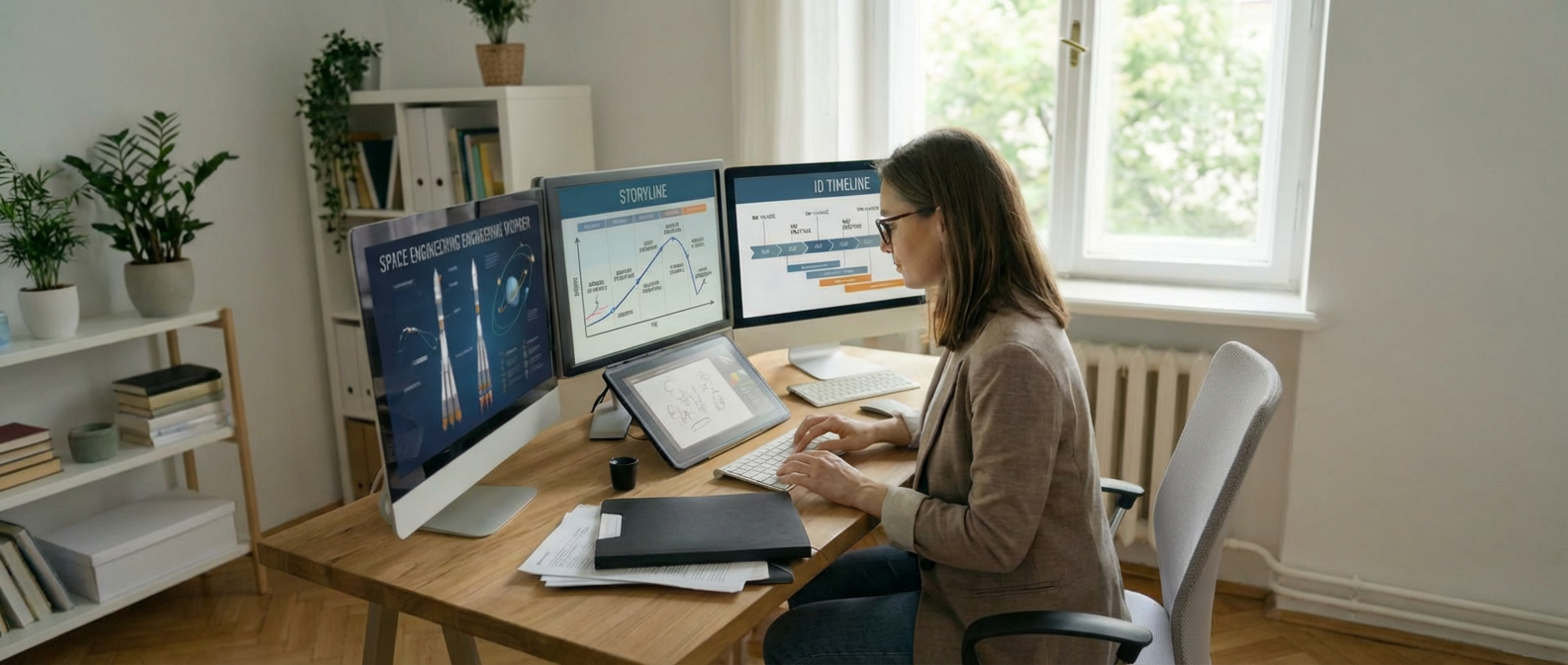 Educator at a desk with screens showing BIOLOGY LESSON and CURRICULUM PLAN using a drawing tablet.